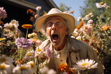 Spellbinding image of a shocked gardener, mouth agape in surprise amidst vibrant plants. Vivid expression of astonishment and disbelief.