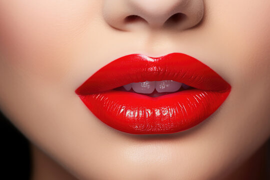 Close Up Of Womans Lips With Bright Red Lipstick