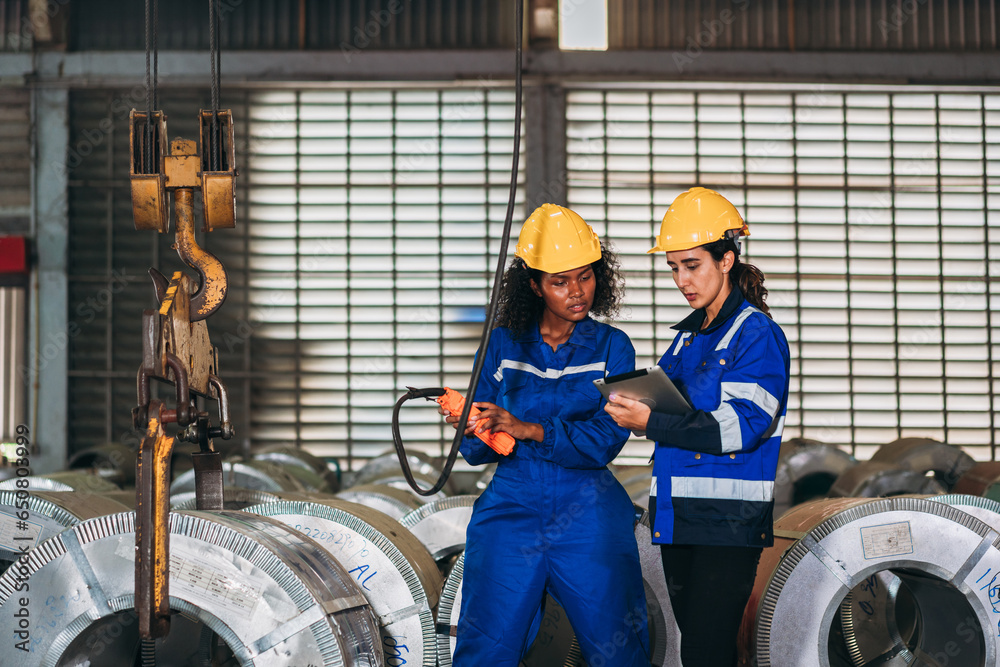 Sticker Engineers Inspecting Machinery at Metal Sheet Factory. Foreman inspecting and check up machine. Industrial of metal roof roll sheet.