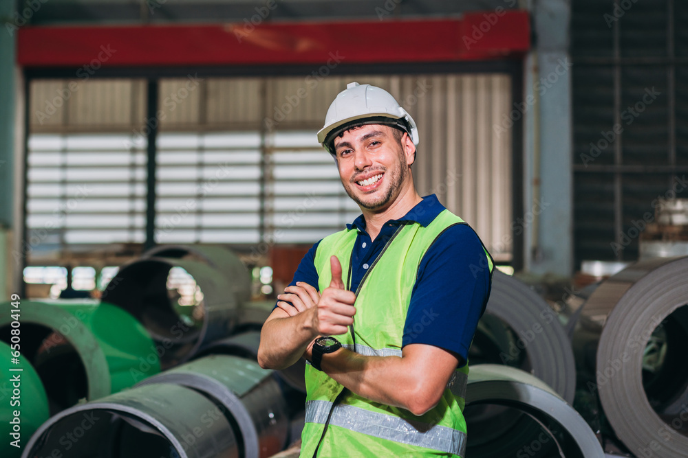 Wall mural Engineers Inspecting Machinery at Metal Sheet Factory. Foreman inspecting and check up machine. Industrial of metal roof roll sheet.