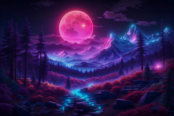 Colorful Mountain Dreamscape, Neon Lights Paint a Luminous Nighttime Wonderland