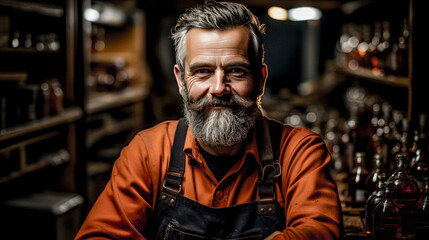 Captivating confident whisky distiller in a traditional Scotland distillery, subtly raising an eyebrow. Embodying assurance amidst barrels of spirits.