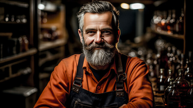 Captivating confident whisky distiller in a traditional Scotland distillery, subtly raising an eyebrow. Embodying assurance amidst barrels of spirits.