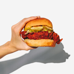 Hand Holding Fried Chicken Sandwich