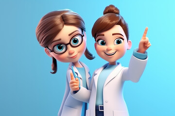 3d render. Cartoon character young caucasian woman doctor, wears glasses and uniform, shows like...