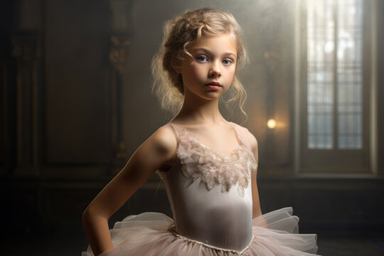 Cute little ballerina standing in dance studio