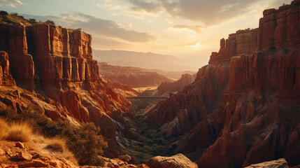 The rising sun illuminates the rugged canyon formation.