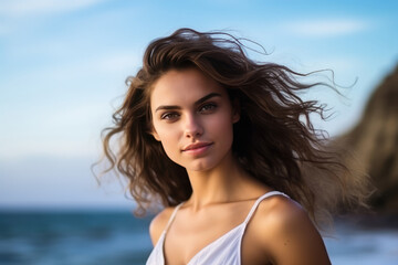 Naklejka premium Radiant Young Woman Model Against The Sea Radiant Young Woman Model, Sea Photography, Beauty Of The Coast, Inspiring Confidence