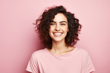 Fototapeta premium Smiling Woman In Pink Shirt, Pink Background