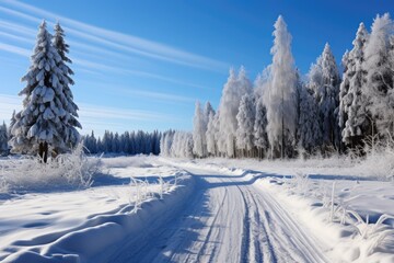 Fototapeta na wymiar Winter landscape with snow covered trees and road in the forest on a sunny day. Winter road in the forest. 