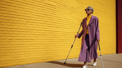 Blind middle-aged African American woman wearing black glasses and very elegant purple dress. She walks down the street with her white canes. Yellow brick wall background.