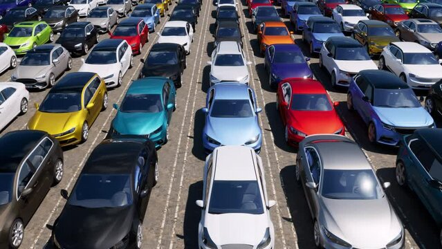 The sun reflecting off the glass of multiple unsold cars and vehicles on a dealership's lot as the camera passes overhead.