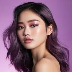 Naklejka premium Portrait of a beautiful asian woman with purple hair and bright makeup. Beautiful brunette asian girl with long hair. Asian beauty. Pretty japanese model posing on violet background, fashion style.