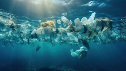 Plastic pollution of the ocean. Plastic garbage floating in water under the surface. - obrazy, fototapety, plakaty