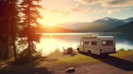 Caravan parked on the shore of the lake in the mountains. Summer season in Canada. sunbeam background at sunset.