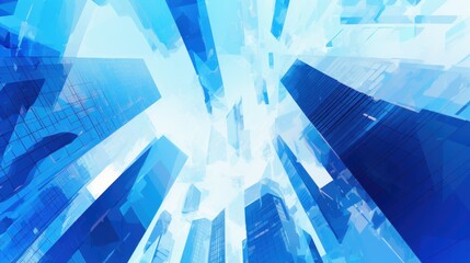 An abstract perspective of urban skyscrapers, featuring the modern blue glass silhouettes of polygonal high-rises in the city. This low-poly wireframe vector illustration provides a unique bottom view