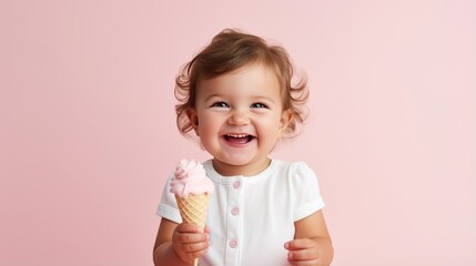  cute baby girl with ice cream on a pink background - obrazy, fototapety, plakaty
