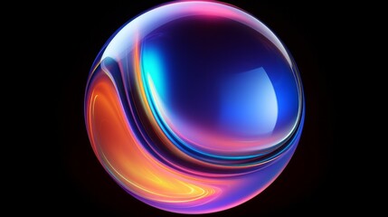 A futuristic 3D rendering featuring an abstract spherical glass orb with a captivating color gradient, set against a black background. This design element represents modern graphic innovation