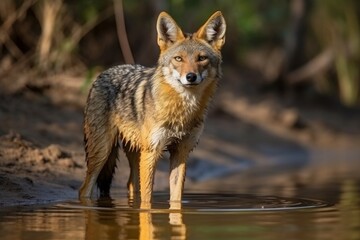 Obraz premium A majestic fox gracefully standing in a serene body of water
