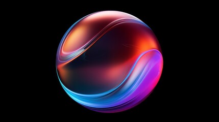 A futuristic 3D rendering featuring an abstract spherical glass orb with a captivating color gradient, set against a black background. This design element represents modern graphic innovation