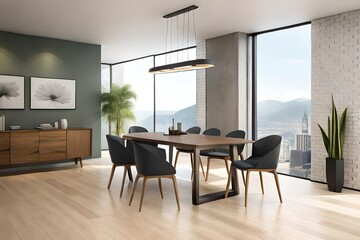 Digitally generated image of a dining room area design with wooden table and chairs