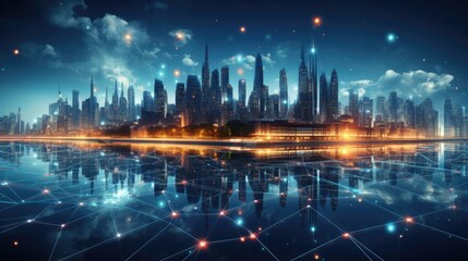 Modern city with wireless network connection and urban landscape concept, wireless network and technology connection with city background at night.