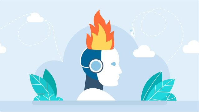 A fire in a robot's head. Artificial brain glitch and exploded. Cyborg with artificial intelligence failures overloaded and broken down. AI not coped with task. Future concept. 2d flat animation