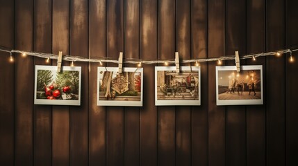 Christmas photos hanging on rope on wooden wall - obrazy, fototapety, plakaty