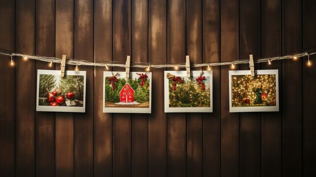 Christmas photos hanging on rope on wooden wall