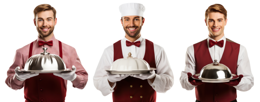 Set of hospitable smiling waiters holding trays with catering domes, cut out