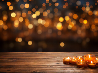 Blank wooden tabletop with light lantern for diwali festival background