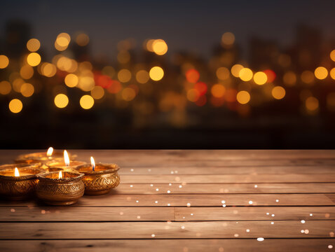 Blank wooden tabletop with light lantern for diwali festival background