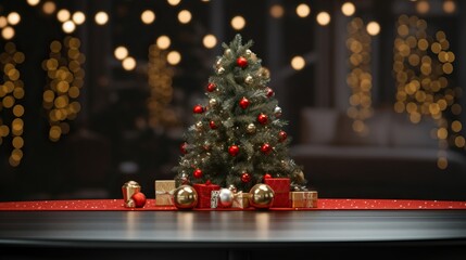 Fototapeta na wymiar Empty table in front of christmas tree with decor