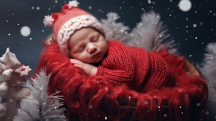 New born child sleeping in christmas holiday theme