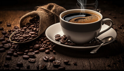 coffee cup next to the image of coffee beans. Generative AI,