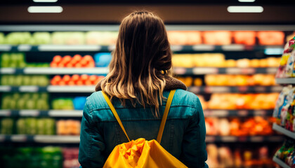 A woman in a supermarket looks at the products soft focus. Generative AI, - obrazy, fototapety, plakaty