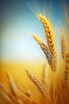 Wheat field yellow spikelets and sky. Generative AI,