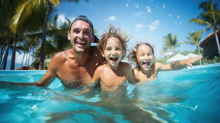 Happy family splash in swimming pool on vacation - obrazy, fototapety, plakaty