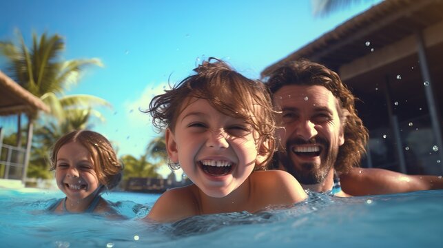 Happy family splash in swimming pool on vacation