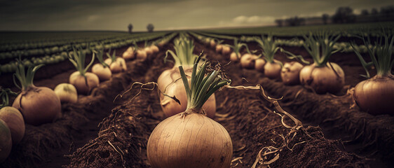 Onion harvest in the garden. Generative AI. - obrazy, fototapety, plakaty