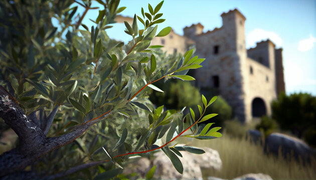 Olive branches and tree in the garden near the medieval mediterranean castle, Ai generated image