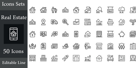 Real Estate minimal thin line web icon set. Included the icons as realty, property, mortgage, home loan and more. Outline icons collection. Simple vector illustration.