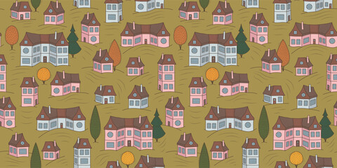 Seamless pattern with cute houses, autumn illustration.