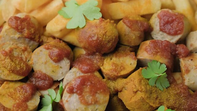 Traditional German currywurst, served with chips and sauce. Rotating video