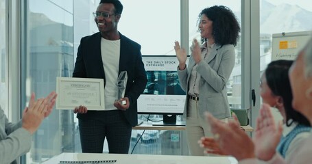 Award, happy man or business people celebration, applause or team praise sales goal achievement, reward or success. Certificate prize winner, trophy event or African person smile, pride and thank you