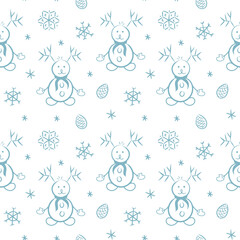 Christmas seamless pattern with snowmen and snowflakes, winter background.