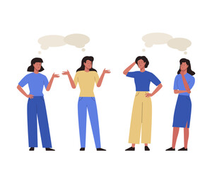 Set of chatting people with speech bubbles. Women meet and talk with each other. Dialogues between female characters