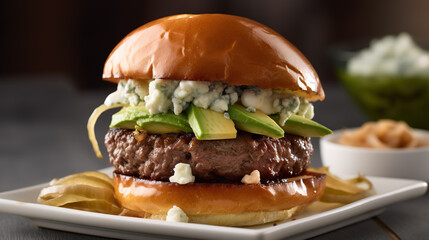 Bison Burger with Boursin Cheese A lean, flavorful bison patty topped with a generous dollop of creamy Boursin cheese, fresh avocado slices, and crispy fried shallots. Served on a toasted onion roll,