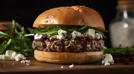 Lamb and Feta Burger A tender, grilled lamb patty topped with crumbled feta cheese, sun-dried tomatoes, and fresh arugula. Served on a rosemary-infused focaccia bun, this luxurious burger boasts Medi