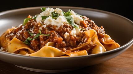 Pappardelle with Wild Boar Ragu Wide, flat pappardelle noodles enveloped in a hearty, slow-cooked wild boar ragu. The dish is topped with a dollop of ricotta cheese and a sprinkling of fresh thyme le - obrazy, fototapety, plakaty